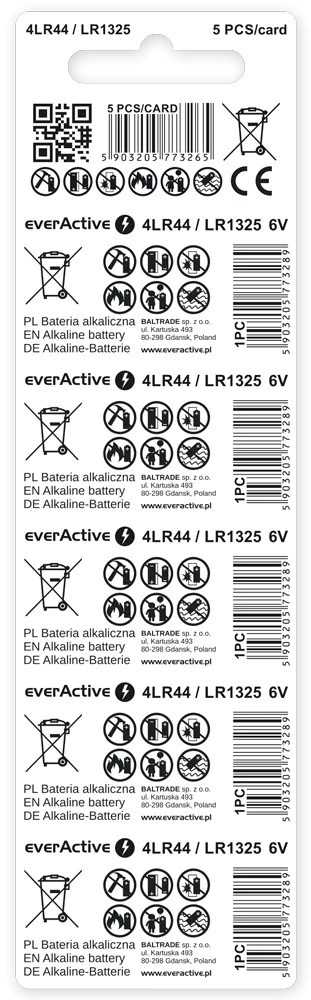 „everactive“ šarminės baterijos 4LR44/LR1325/544A lizdinėje pakuotėje, 5 vnt.