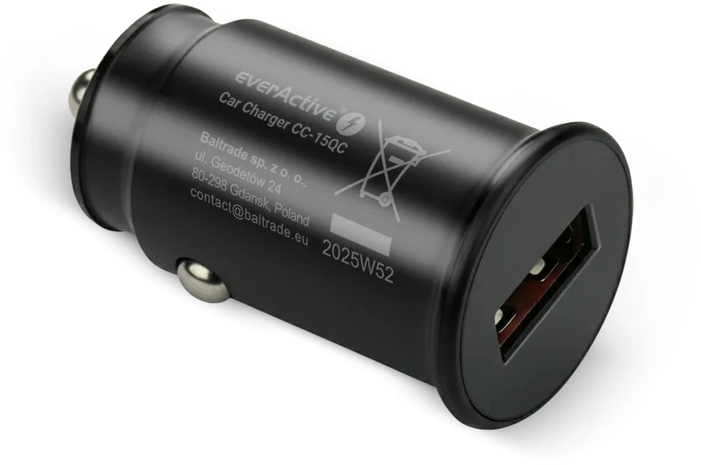 Automobilinis Įkroviklis - everActive CC-15QC 18W su USB-C Kabeliu LED, Juoda