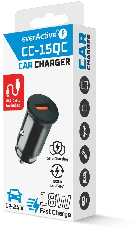 Automobilinis Įkroviklis - everActive CC-15QC 18W su USB-C Kabeliu LED, Juoda