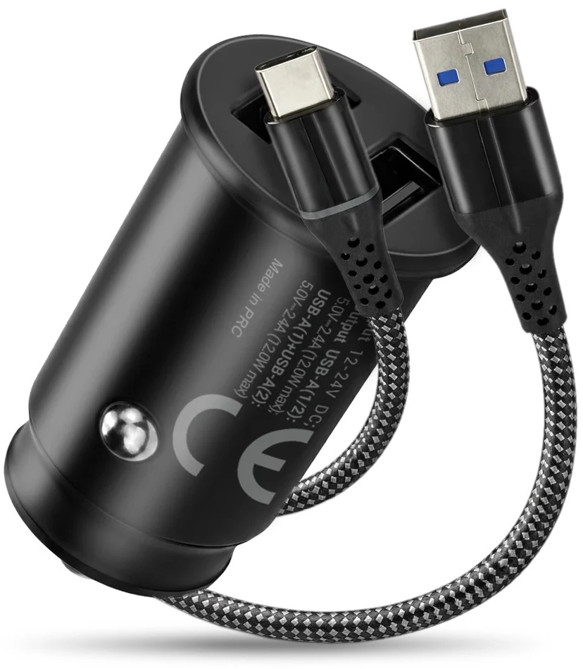 Automobilinis įkroviklis - everActive CC-25 12W Dviejų USB-A Prievadų Su USB-C Kabeliu LED, Juoda