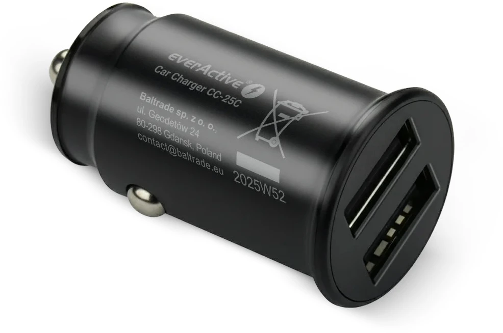 Automobilinis įkroviklis - everActive CC-25 12W Dviejų USB-A Prievadų Su USB-C Kabeliu LED, Juoda