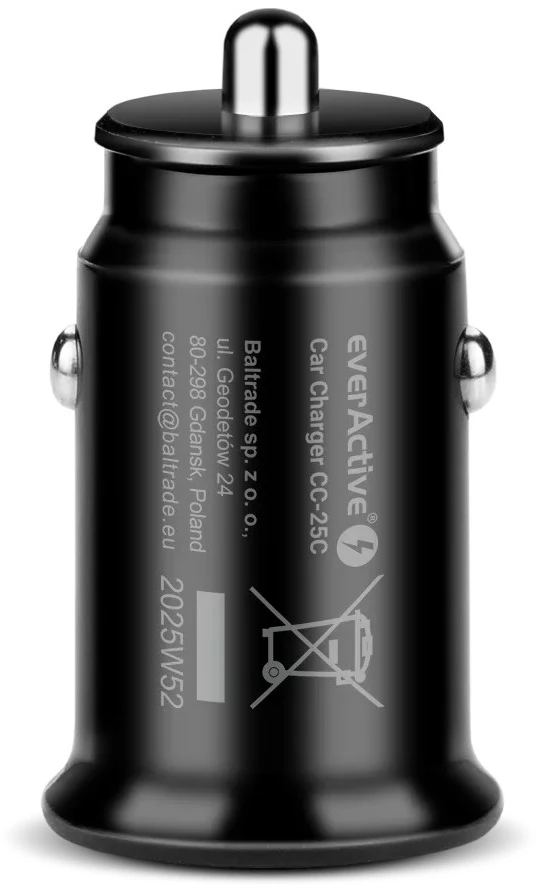 Automobilinis įkroviklis - everActive CC-25 12W Dviejų USB-A Prievadų Su USB-C Kabeliu LED, Juoda