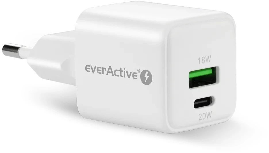 Įkroviklis - everActive 20 W 1xUSB 1xUSB-C QC3.0 PD GaN Kompaktiškas Baltas