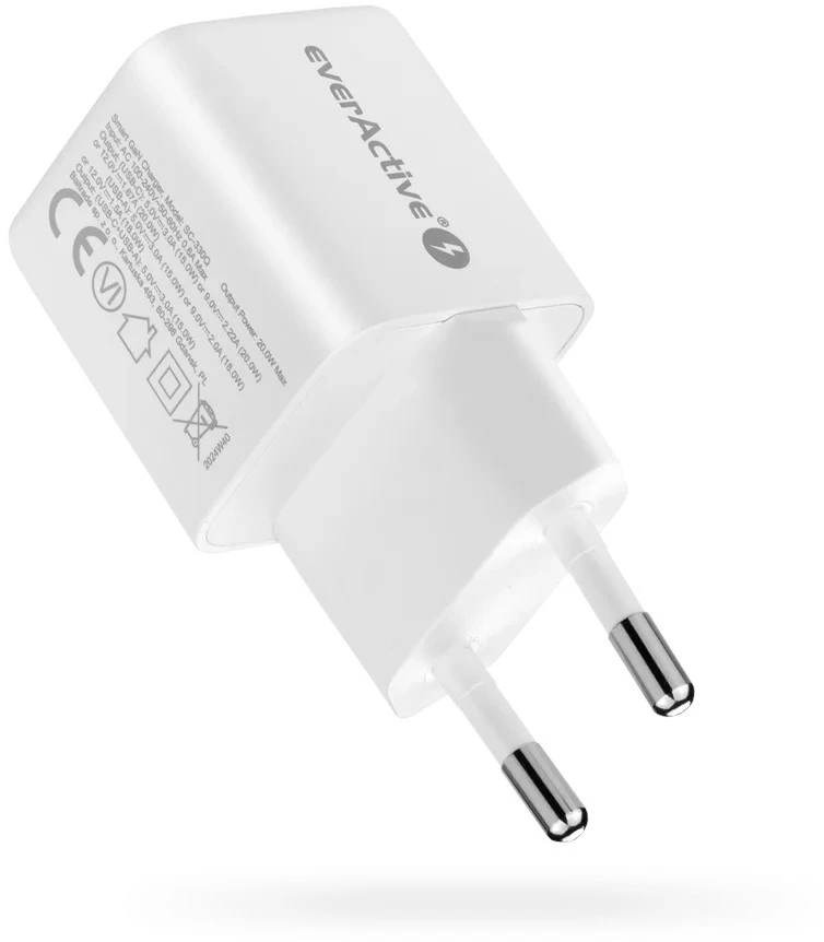 Įkroviklis - everActive 20 W 1xUSB 1xUSB-C QC3.0 PD GaN Kompaktiškas Baltas