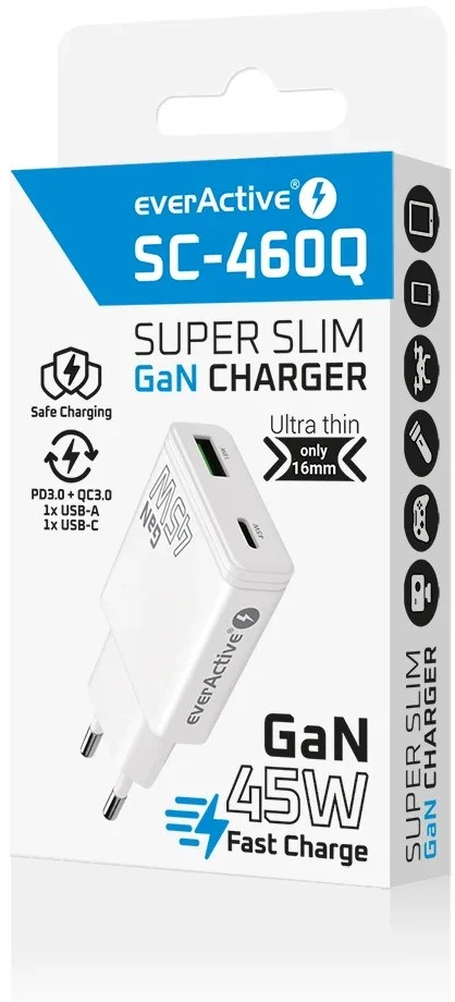 Įkroviklis - everActive SC-460Q 45W USB & USB-C Greitas Įkroviklis, Balta