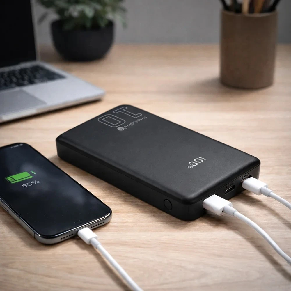 „everactive“ nešiojama įkroviklis 10 000 mAh, 1x USB, 2x USB-C, 20 W, QC4+, LCD ekranas, juodas