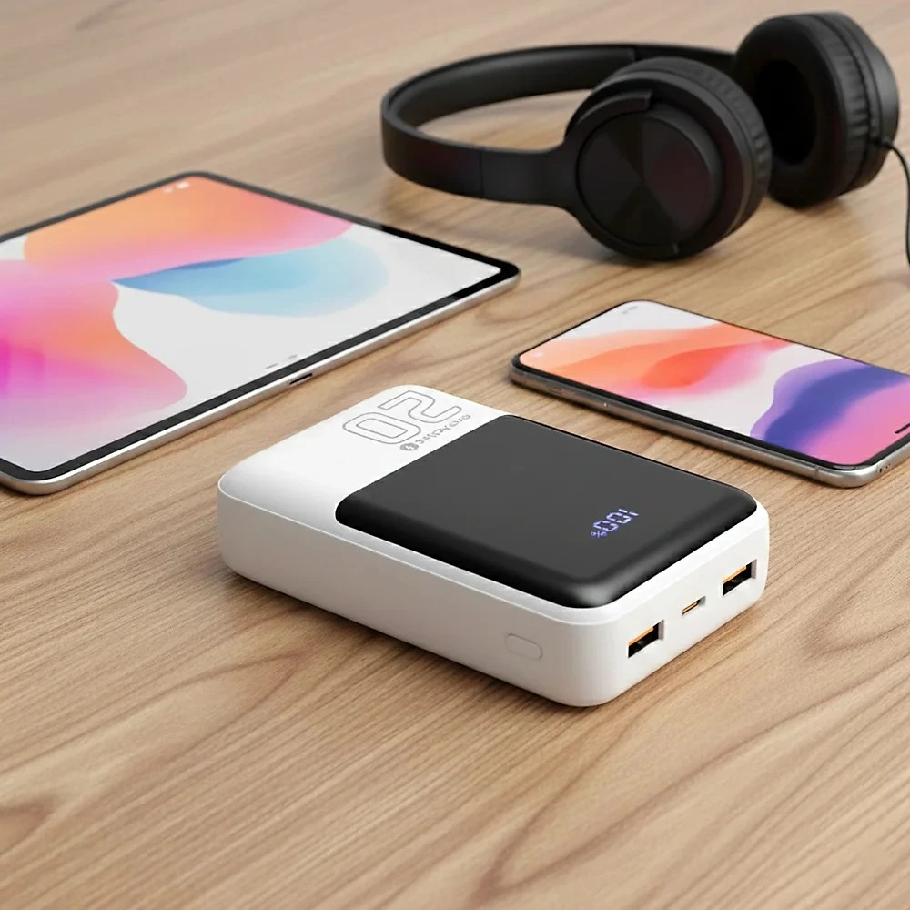 „everactive“ išorinė baterija 20 000 mAh, 2x USB, 1x USB-C 22,5 W, QC4+, LCD ekranas, baltas
