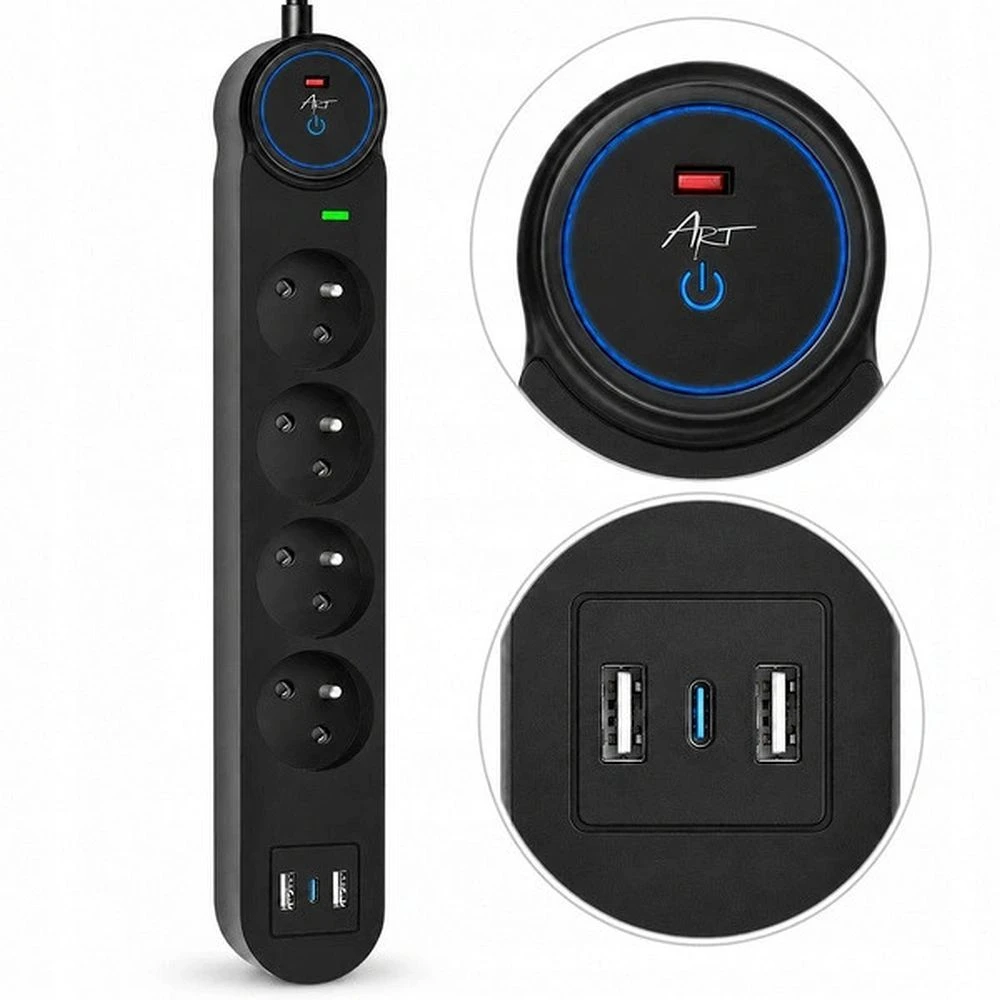 Extension cord 4 sockets + 2 x USB A + USB C Art FU810 1,5 m juodas