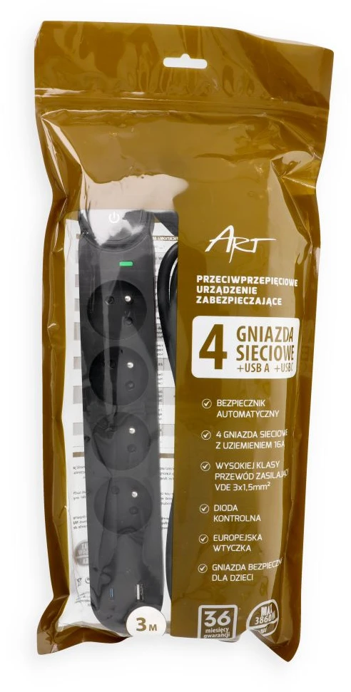 Prailgintuvas 4 lizdai + USB A + USB C Art FU915 3 m juodas