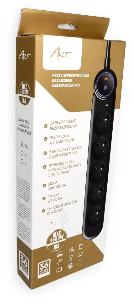 Extension cord 5 sockets Art F2100 1,5 m juodas