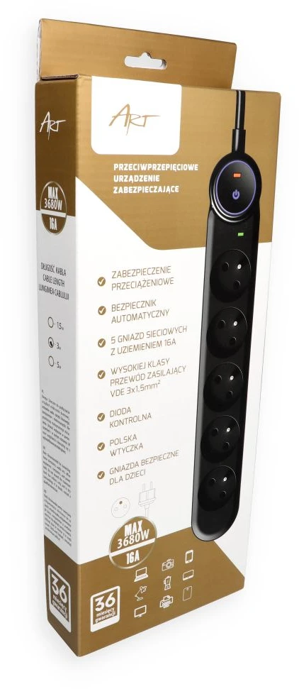 Extension cord 5 sockets Art F2110 3 m juodas