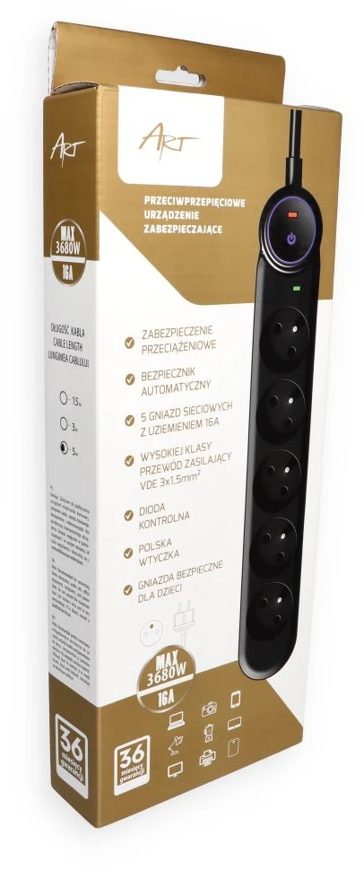 Extension cord 5 sockets Art F2115 5 m juodas