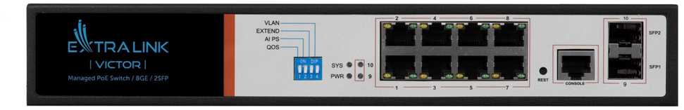 Šakotuvas Valdomas PoE jungiklis Extralink Victor, 8x Gigabit PoE/PoE+, 2x SFP, 150W