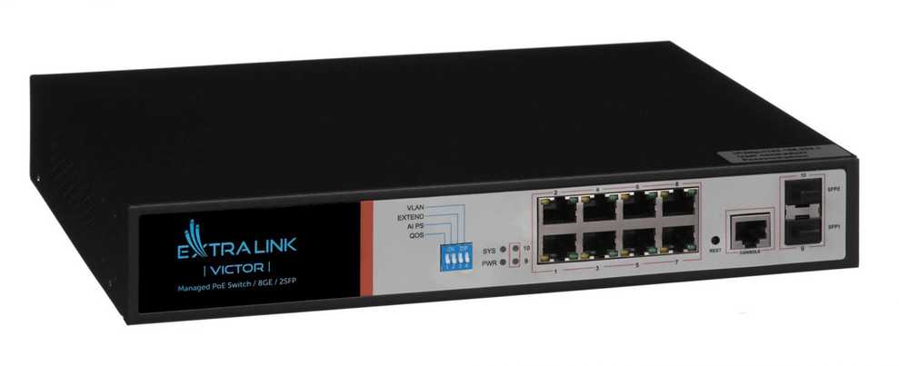 Šakotuvas Valdomas PoE jungiklis Extralink Victor, 8x Gigabit PoE/PoE+, 2x SFP, 150W