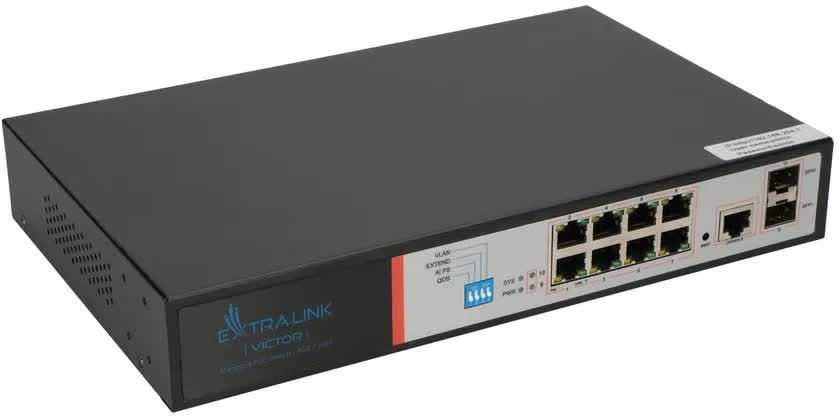 Šakotuvas Valdomas PoE jungiklis Extralink Victor, 8x Gigabit PoE/PoE+, 2x SFP, 150W