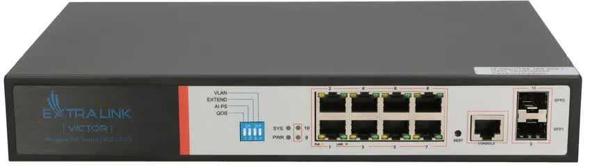 Šakotuvas Valdomas PoE jungiklis Extralink Victor, 8x Gigabit PoE/PoE+, 2x SFP, 150W