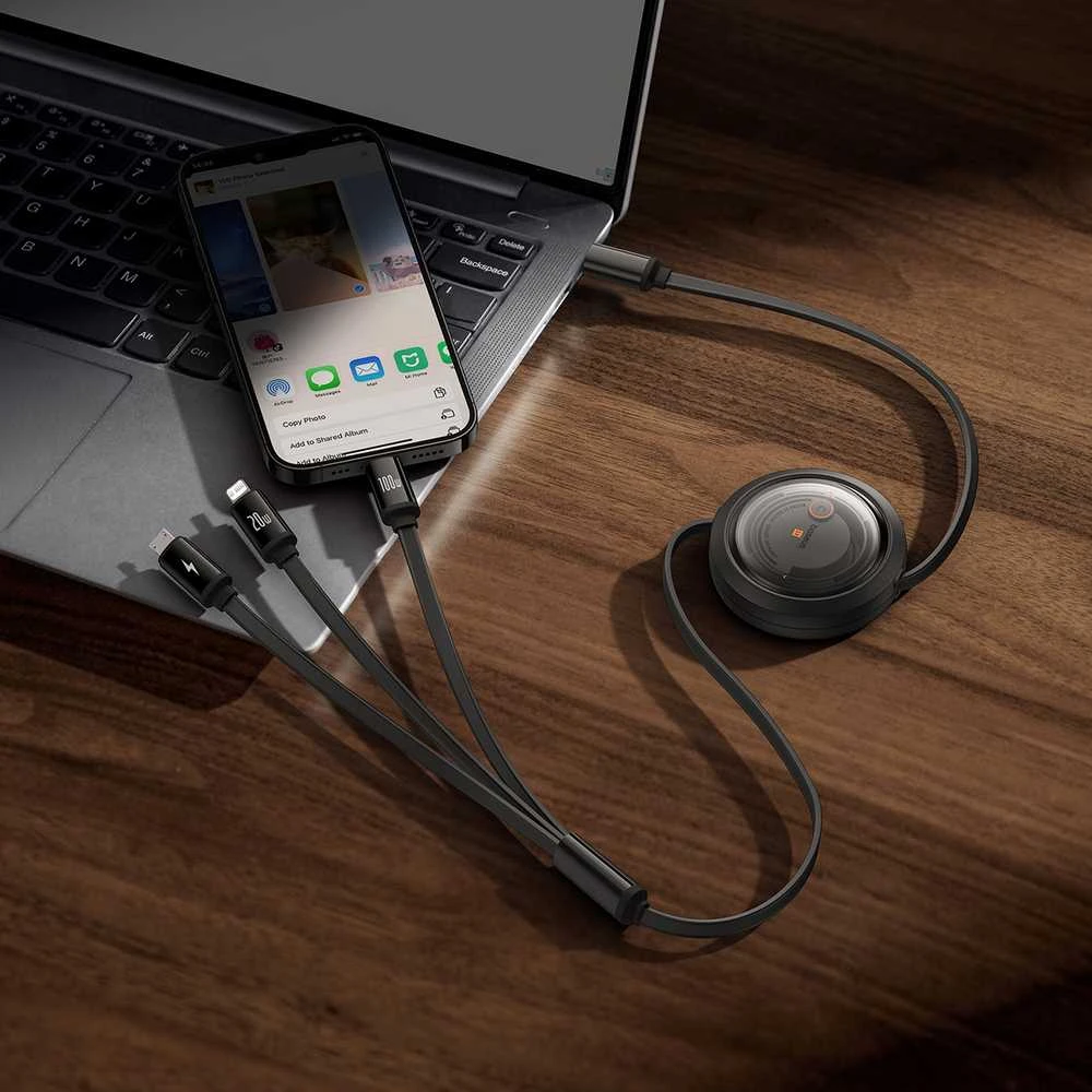 Greito įkrovimo laidas 3in1 Baseus Free2Draw USB-C prie USB-C/Lightning/Micro 100W, 1.1m (juodas)