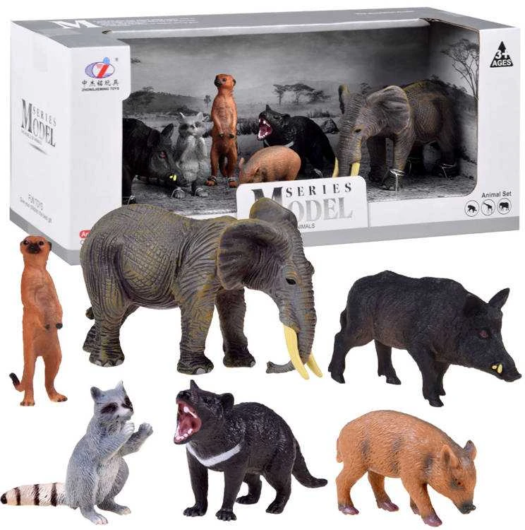 Figūrėlės gyvūnai dramblys meerkat raccoon 6pcs