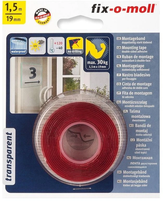 Dvipusė lipnioji juosta Fix-O-Moll, 1,5 m x 19 mm, 30 kg