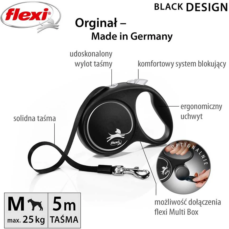 Flexi Black Design M pavadėlis šunims iki 25kg juostinis 5m juodos spalvos
