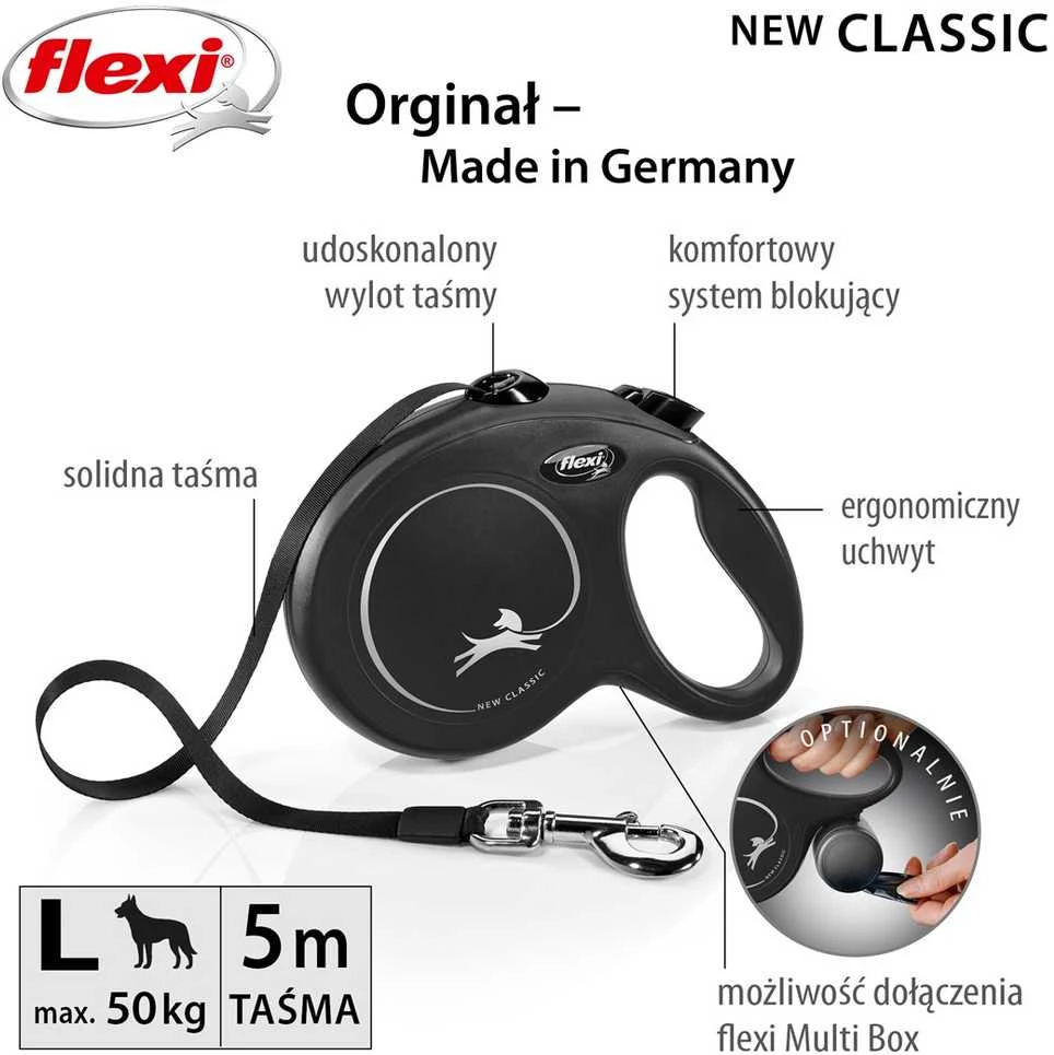 Flexi New Classic L pavadėlis šunims iki 50kg juostinis 5m juodos spalvos