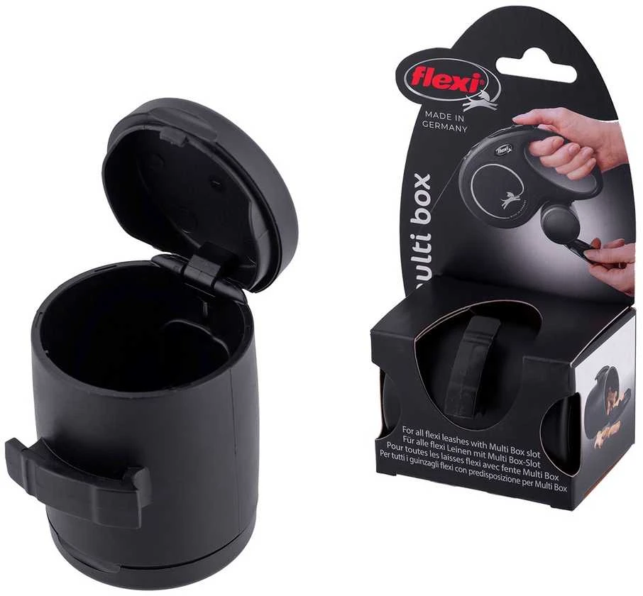 Flexi Multi Box dėžutė skanėstams arba maišeliams juodos spalvos tinkanti Vario, New Comfort, New Classic, Design ir Neon S, M ir L pavadėliams