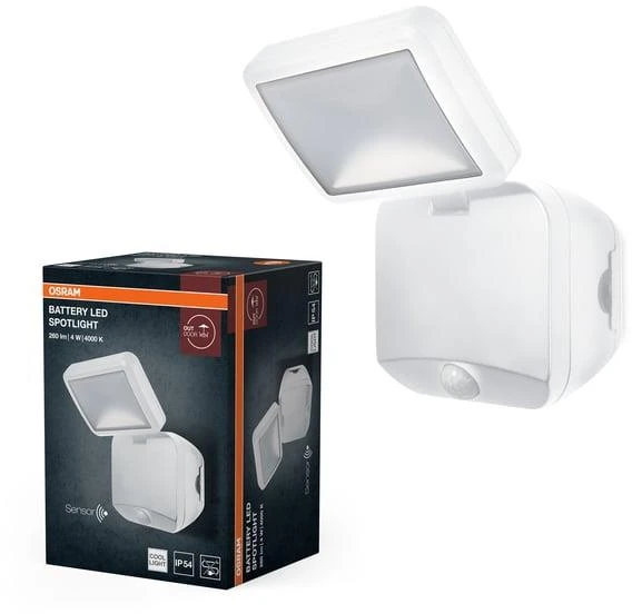 Sieninis šviestuvas Osram 4W LED sieninis lauko šviestuvas, baltas, 4000K, su baterija ir judesio davikliu, IP54