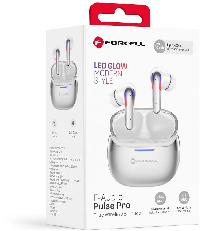 „Forcell F-Audio Pulse Pro ANC + ENC“ belaidės į ausis įdedamos TWS ausinės, sidabrinės