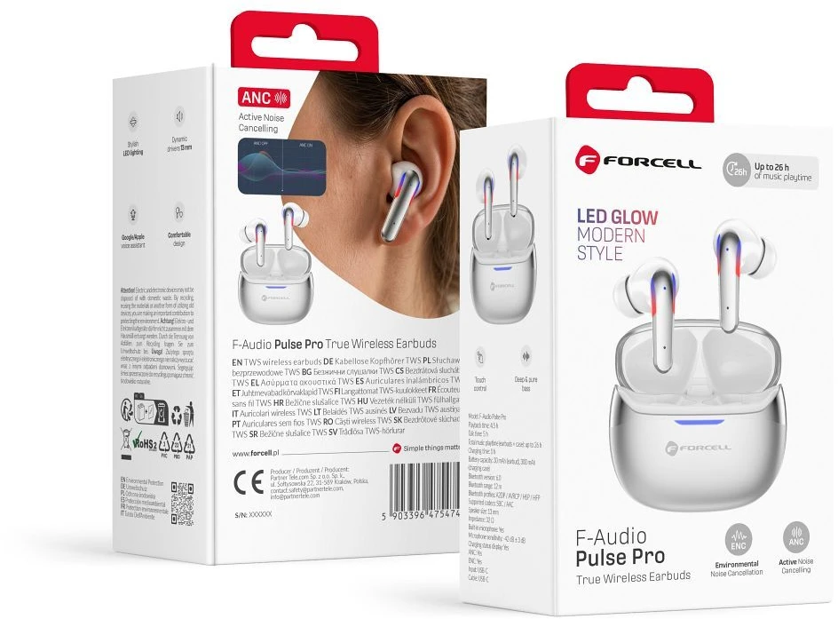 „Forcell F-Audio Pulse Pro ANC + ENC“ belaidės į ausis įdedamos TWS ausinės, sidabrinės
