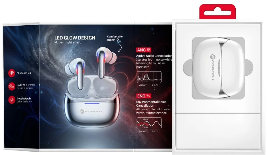 „Forcell F-Audio Pulse Pro ANC + ENC“ belaidės į ausis įdedamos TWS ausinės, sidabrinės