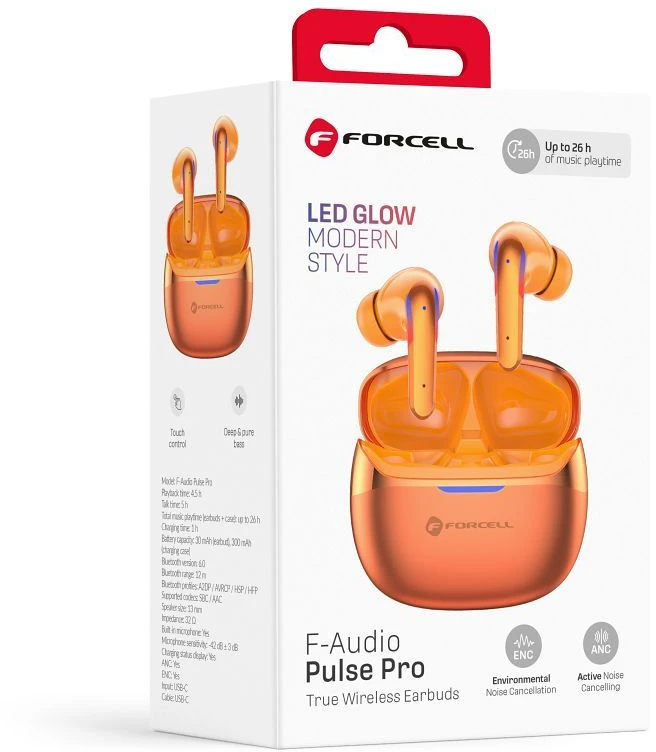 Ausinės Forcell F-Audio Pulse Pro ANC + ENC Belaidės In-Ear TWS Earbuds auksinis