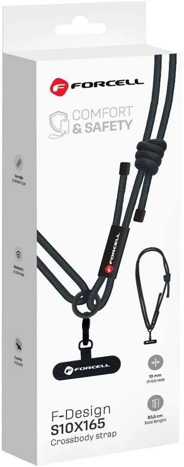 FORCELL F-DESIGN S10X165 telefono virvelė per petį su reguliuojamu ilgiu (maks. 82,5 cm kilpoje) juoda