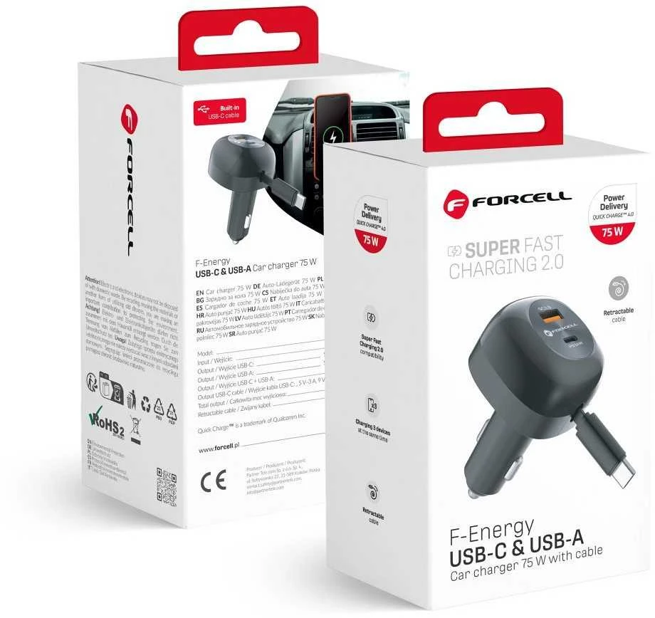 Automobilinis įkroviklis Forcell F-Energy Alu USB C + USB A + ištraukiamas laidas USB C PD QC4.0 SFC2.0 3A 75W juodas