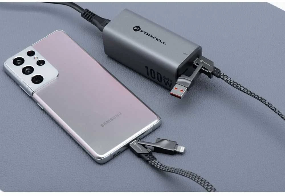Laidas 4in1 USB C / USB A į USB C / Lightning Forcell F-Energy QC PD 3A 60W 1 m C241 chromuotas