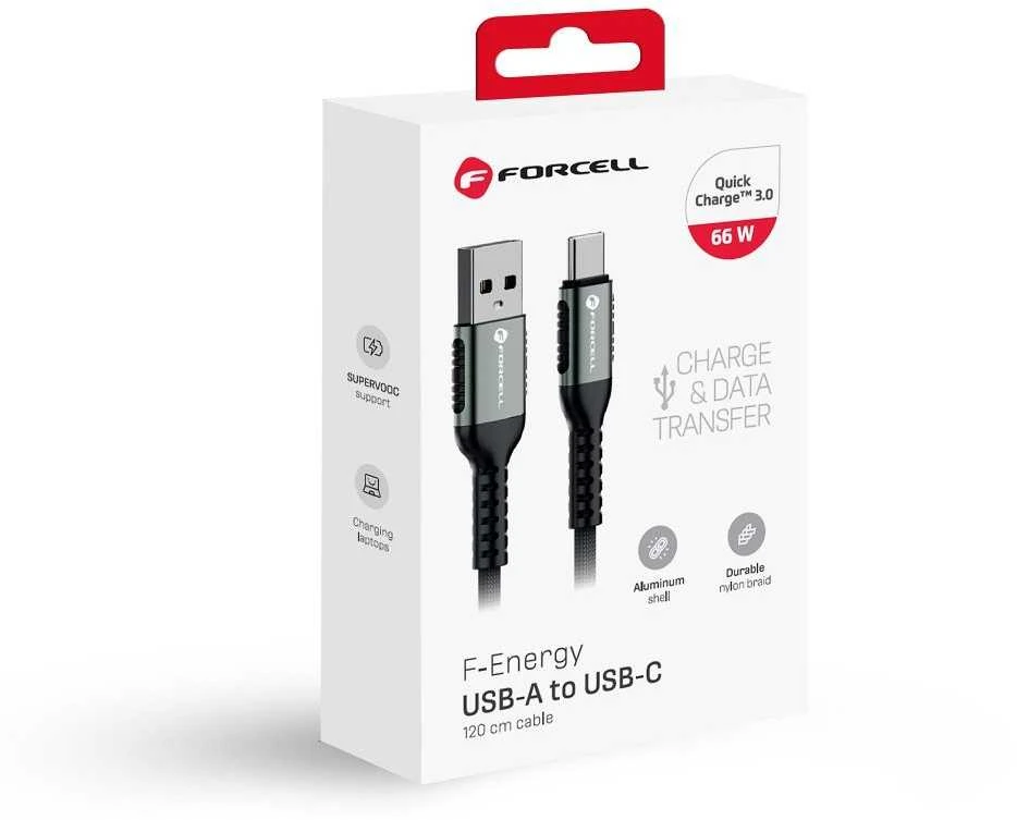 USB A į USB C laidas Forcell F-Energy QC4.0 3A 66W Cafule 1,2 m C256 juodas