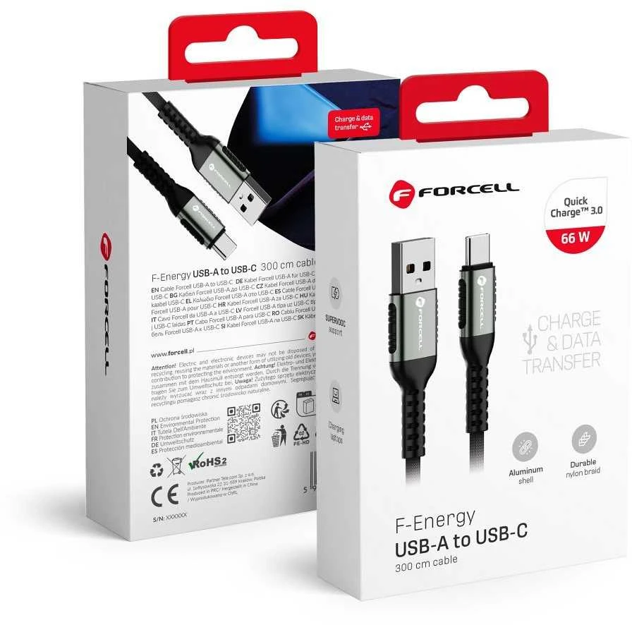 USB A į USB C laidas Forcell F-Energy QC4.0 3A 66W Cafule 2 m C256 juodas