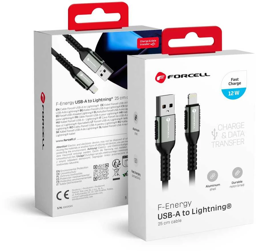 USB A tipo laidas su „Lightning“ jungtimi Forcell F-Energy 2,4A 12W Cafule 0,25 m, C257, juodas