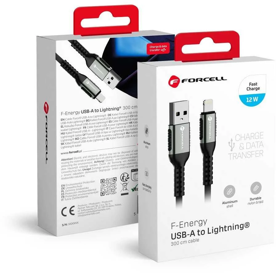 USB A tipo į „Lightning“ tipo laidas „Forcell F-Energy“ 2,4A 12W, Cafule, 3 m, C257, juodas