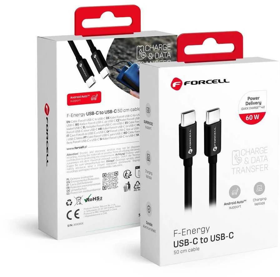 USB C į USB C laidas Forcell F-Energy QC4.0 PD 3A 60W 0,5 m C338 juodas