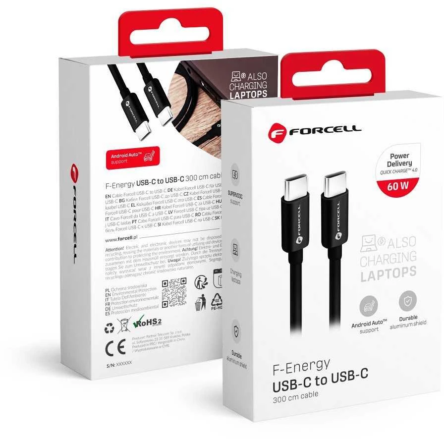 USB C į USB C laidas Forcell F-Energy QC4.0 PD 3A 60W 3 m C338 juodas