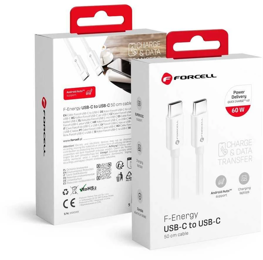 USB C į USB C laidas Forcell F-Energy QC4.0 PD 3A 60W 0,5 m C338 baltas