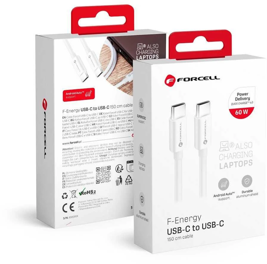 USB C į USB C laidas Forcell F-Energy QC4.0 PD 3A 60W 1,5 m C338 baltas