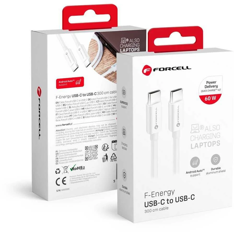 USB C į USB C laidas Forcell F-Energy QC4.0 PD 3A 60W 3 m C338 baltas