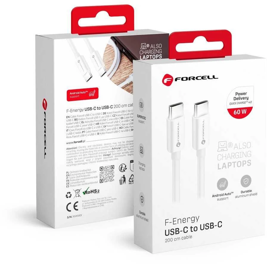 USB C į USB C laidas Forcell F-Energy QC4.0 PD 3A 60W 2 m C338 baltas