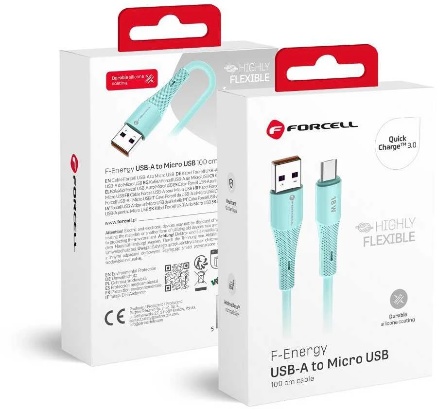 USB A į Micro USB laidas Forcell F-Energy QC3.0 2,4A 18W silikoninis 1 m C341 mėlynas