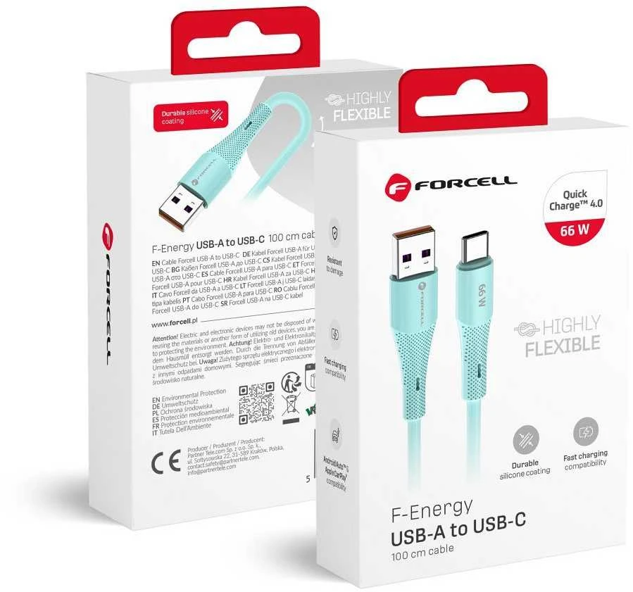 USB A į USB C laidas Forcell F-Energy QC4.0 3A 66W silikoninis 1 m C342 mėlynas