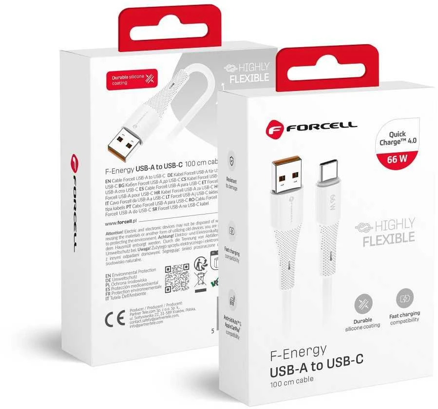 USB A į USB C laidas Forcell F-Energy QC4.0 3A 66W silikoninis 1 m C342 baltas