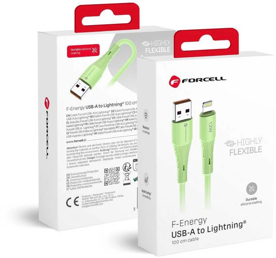 USB A tipo laidas su „Lightning“ jungtimi Forcell F-Energy 2,4A 12W silikoninis, 1 m, C343 žalias