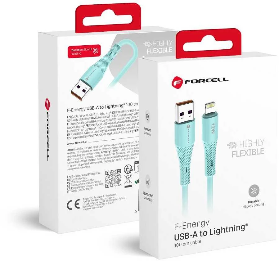 USB A tipo laidas su „Lightning“ jungtimi Forcell F-Energy 2,4A 12W silikoninis, 1 m, C343 mėlynas