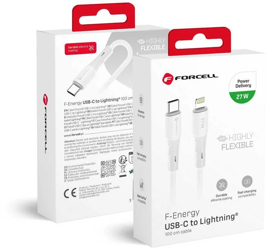 USB C į Lightning kabelis Forcell F-Energy PD 3A 27W silikoninis 1 m C346 baltas